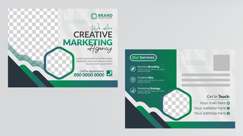 Write copy and upload artwork and a logo to print postcards of your own design, or use one of our business postcard templates.